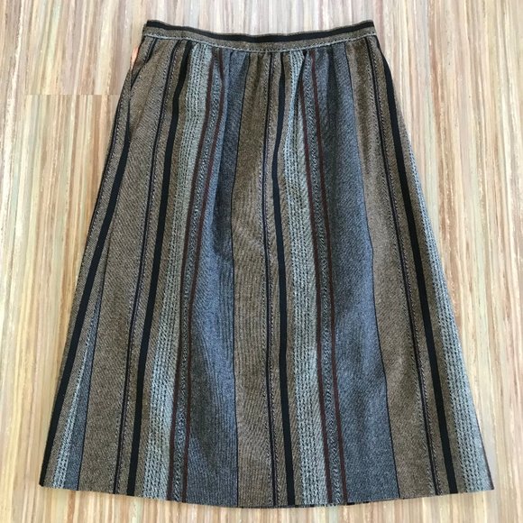 Vintage Koret Career Neutral Brown & Grey Stripe Wool Tweed Midi Skirt 30" Waist - Picture 5 of 7